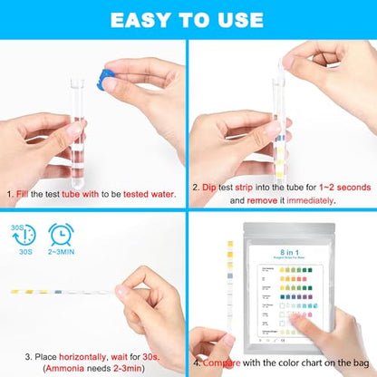 8 in 1 Aquarium Test Kit Fish Tank Test Strips Accurate Water Quality Testing Strips for Ammonia PH Total Alkalinity Carbonate Hardness Free Chlorine Nitrate Nitrite Temperature (100 Strips)