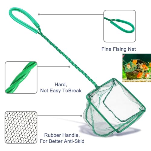 Aquarium Fish Net, Green, 6in & 8in | Fine Nylon Mesh, Long Plastic Handle, For Fish Tank