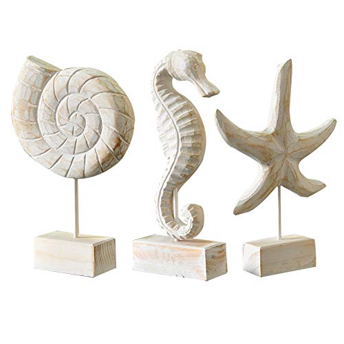 3pcs Wood Handmade Beach Nautical Style Figurines Starfish/Conch/Seahorse Statue Home Decor Beach Decor Coastal Decor - color: White