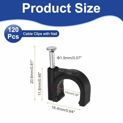 HARFINGTON 120pcs Cable Clips with Nail 10mm ID Circular Single Half Clamp J-Hook with Nail Cord Clips for Wires on Wall for Ethernet Tacks Coax Pex Tubing Pipe Support, Black - size: 10mm ID