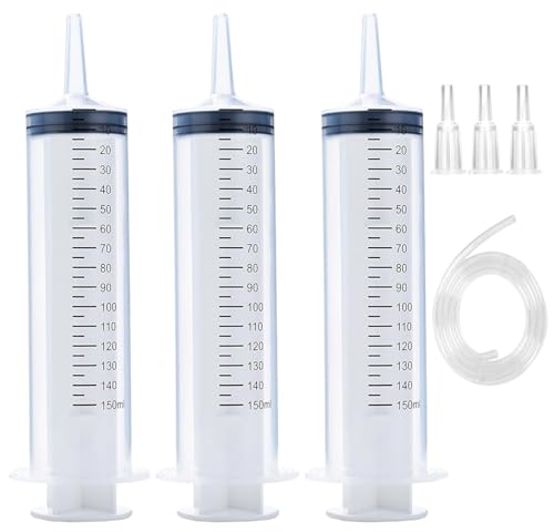 3 Pack 150ml Syringes with 55.1-Inch Tubes, Large Plastic Syringe for Scientific Labs Experiments, Nutrient Measuring, Watering, Refilling - style: 150 ml