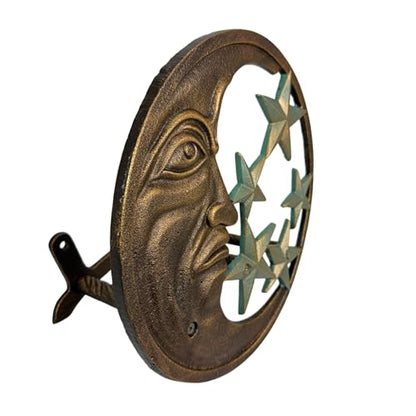 Zeckos Hose Hanger Cast Iron Celestial Moon Face and Stars Wall Mounted Garden Hose Holder, 11.5 X 11.5 Inches, Antiqued Bronze Finish, Hardware Included, 75 Foot Capacity - color: Moon & Stars - Verdigris Stars