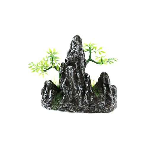 Fish Tank Decorations Aquarium Mountain View Stone Decorations Resin Rock Aquascaping with Hiding Cave, Fish Tank Accessories Aquarium Ornaments with Small Plants (AS)