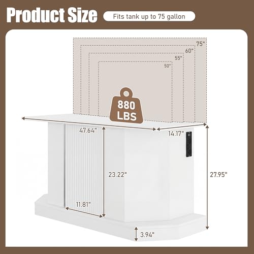 55-75 Gallon Fish Tank Stand - Heavy Duty Aquarium Stand with Storage Cabinet & Power Outlet (4 AC 2 USB Ports) | 880LBS Capacity Tank Stand for Fish Tank, Turtle Tank, Reptile Terrarium White