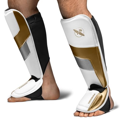 Hayabusa T3 Full-Back Shin Guards - color: White/Gold, size: X-Large