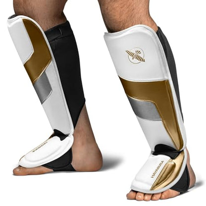 Hayabusa T3 Full-Back Shin Guards - color: White/Gold, size: Medium