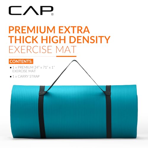 CAP 1" Extra Thick Yoga Mat, Exercise Mat with Strap, Multiple Colors - color: Teal