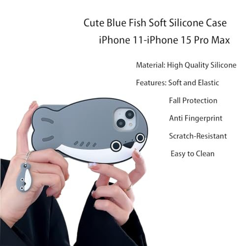3D Fish Case,Cartoon Cute Kawaii Lovely Character Blue Fish with Pendant Shape Kids Teens Girls Women Soft Silicone Case for iPhone 14 Pro Max/15 Pro Max 6.7 inch