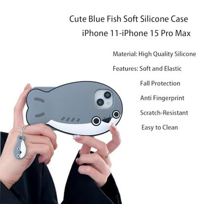 3D Fish Case,Cartoon Cute Kawaii Lovely Character Blue Fish with Pendant Shape Kids Teens Girls Women Soft Silicone Case for iPhone 14 Pro Max/15 Pro Max 6.7 inch