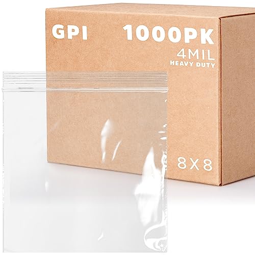 GPI - 1000 Count 8" X 8" Zip Bags, Heavy-Duty 4 Mil Thick, Clear Reclosable Zipper Poly Baggies With Resealable Zip Top Lock For Storage & Packaging, Food, Tools, Sharp Objects, etc. - size: 8" x 8"