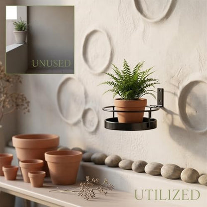 2 Pcs Wall Mounted Plant Holders, Wall Hanging Metal Flower Pot Racks, Floating Plant Shelves with Ring and Base, Indoor Outdoor Decorative Planter Stands for Garden, Porch, Patio
