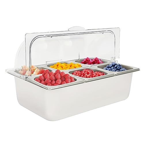 Countertop Ice Food Serving Display Tray, Buffet Cold Serving Cooler Platter with 90°Clear Roll Top Cover, 6 Pan Stainless Steel Food Serving Tray,Rubber Stoppers, Dual Use for Hot&Cold, Silvery