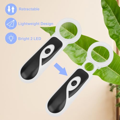 Rongon Magnifying Glass with Light 8X 20X Retractable Pocket Magnifier Loupe Handheld Magnifier for Seniors 2 LED Lights HD Lens for Reading, Jewelry, Coins Inspection, Hobby Travel