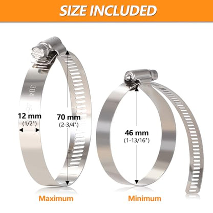 12Pack 2.5 inch Hose Clamp, Adjustable 304 Stainless Steel Duct Clamps Hose Clamp from 1-13/16"-2-3/4"/46-70mm, Metal Worm Drive Gear Duct Clamp for Air Ducting, Dryer Vent Hose, Fuel Line, Plumbing - size: 2.5inch(1-13/16"—2-3/4"/46-70mm)