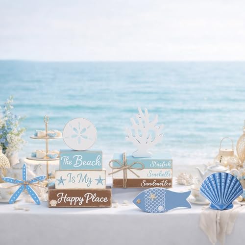 11 Pcs Beach Table Decorations Set Ocean Tiered Tray Decor Summer Wood Block Sign Gift the Beach Is My Happy Place Starfish Seashell Coastal Centerpiece Summer Party Supplies Shelf - style: Beach