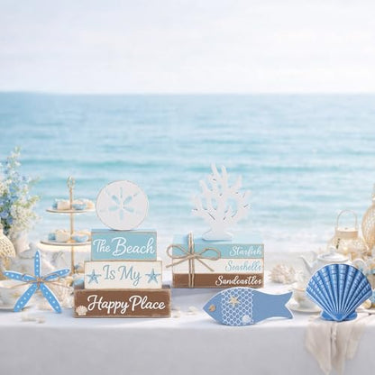11 Pcs Beach Table Decorations Set Ocean Tiered Tray Decor Summer Wood Block Sign Gift the Beach Is My Happy Place Starfish Seashell Coastal Centerpiece Summer Party Supplies Shelf - style: Beach
