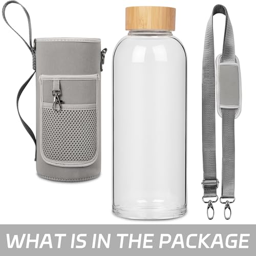 48 oz Sports Borosilicate Glass Water Bottle with Bamboo Lid with Neoprene Sleeve - color: Grey-x