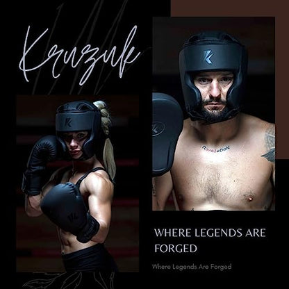 Kruzak Unisex Boxing Headgears - MMA Training, Adjustable Padded, Kara,Muay Thai Headgear, Kickboxing, Sparring, Martial Arts, Karate, Taekwondo MMA Body Equipment - color: Matte Black, size: Large-X-Large
