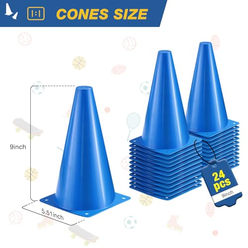 24pcs Cones 9 Inch Soccer Cones and Plastic Traffic Cones, Durable Cones for Sports Training, Ideal for Soccer, Basketball, Football, Skating, and Agility Drills Practice - color: blue