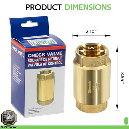 Check Valve with Backflow Prevention, Universal 1-1/4 inch One-Way Female Pipe Thread, Lead-Free Brass Construction, 1.25'' FNPT × 1.25'' FNPT
