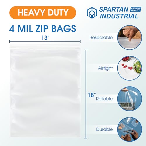 Spartan Industrial - 13” X 18” (100 Count) 4 Mil Thick Clear Reclosable Zip Plastic Poly Bags with Resealable Lock Seal Zipper - Heavy Duty and Durable - size: 13" X 18"