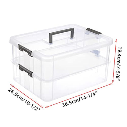 JUXYES 2-Tiers Stack Carry Storage Box With Handle, Transparent Stackable Storage Bin With Handle Lid Latching Storage Container for School & Office Supplies