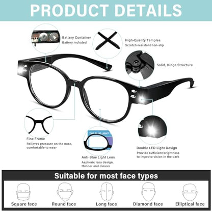 Bright LED Readers with Light Magnifying Glasses Blue Light Blocking Eyeglasses for Women Men Nighttime LED Reading Glasses+200