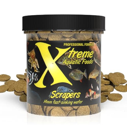 Xtreme Scrapers Wafers - Premium 14mm Fast-Sinking Fish Food – Nutrient & Cellulose Rich Ideal for Nocturnal Feeders, Catfish, Plecostomus Species, and Loaches – USA Farm Grown (5oz) - size: 5oz