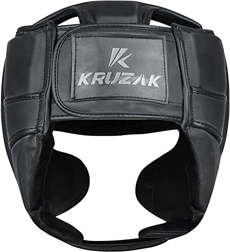 Kruzak Unisex Boxing Headgears - MMA Training, Adjustable Padded, Kara,Muay Thai Headgear, Kickboxing, Sparring, Martial Arts, Karate, Taekwondo MMA Body Equipment - color: Matte Black, size: Small-Medium