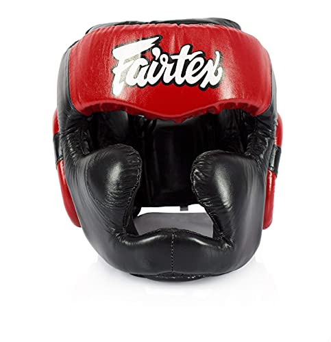 Fairtex Full Head Guard, Muay Thai MMA Sparring Helmet Protective Headgear - color: HG13 Black/Red Lace-up, size: Medium