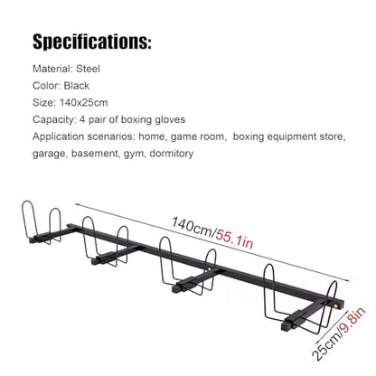 Wall Mounted Display Boxing Glove Holder, Black Powder Coated Storage Rack with Metal Hook, Hold 2/3 / 4/5 Pair of Training Gloves Dryer,140cm/55.1in Long - size: 140cm/55.1in long