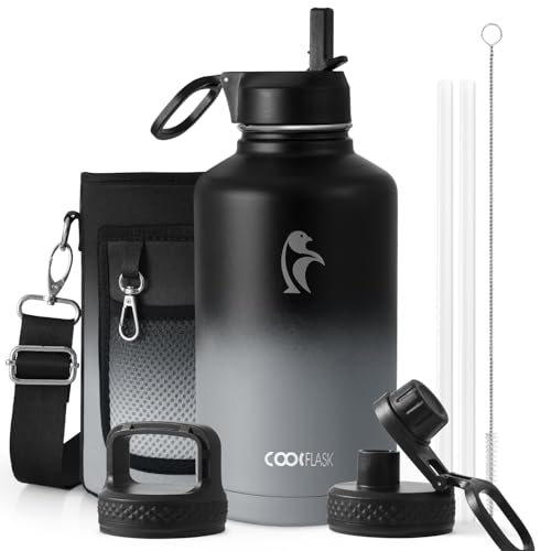 Coolflask Half Gallon Water Bottle Insulated with Straw & 3 Leakproof Lids - color: Piano Night, size: 64 Ounces