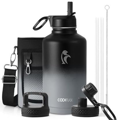 Coolflask Half Gallon Water Bottle Insulated with Straw & 3 Leakproof Lids - color: Piano Night, size: 64 Ounces