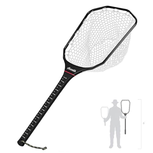 Riverruns Fly Fishing Landing Net Carbon Fiber Trout Net with Measurement Handle, Soft Rubber Mesh - 26" Standard (Wading) / 37" Long (Kayak) - color: 37" Kayak Net (Long) - Black Octagonal