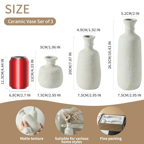Ceramic Vase Set of 3, Neutral Rustic Vases Home Decor Farmhouse Decorative Vase Whitewashed Pottery Decor Boho Modern for Table Mantel Entryway Bookshelf Living Room Kitchen Bathroom Bedroom - White