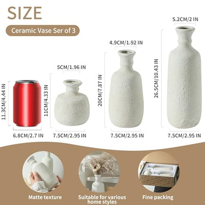 Ceramic Vase Set of 3, Neutral Rustic Vases Home Decor Farmhouse Decorative Vase Whitewashed Pottery Decor Boho Modern for Table Mantel Entryway Bookshelf Living Room Kitchen Bathroom Bedroom - White