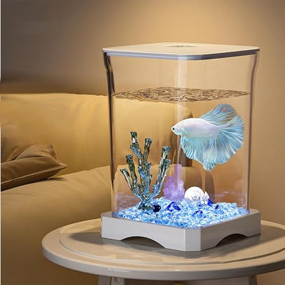 Small Fish Tank - LED Aquarium, Acrylic Mini Bowl with Feeding Hole, Compact Betta Container, Clear Stylish Design | Home Office Decoration, Desktop Display, Bedroom Aquarium, Small Aquatic Habitat - color: White