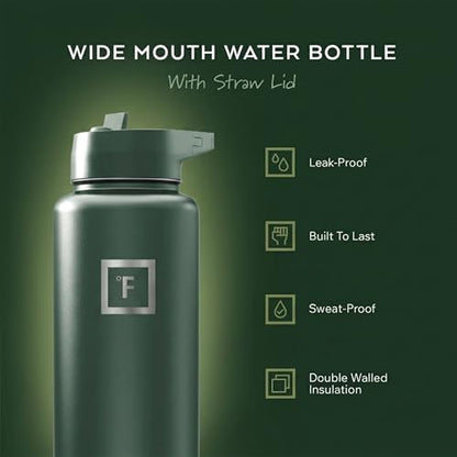 IRON °FLASK 40 oz Wide Mouth Water Bottle with Straw - color: Dark Pine, style: Straw - 40 Oz (1 Lid)