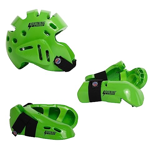 Proforce Lightning Martial Arts Protective Sparring Gear Bundle - Headgear, Gloves, Ultra Kicks - color: Green, size: Child Large