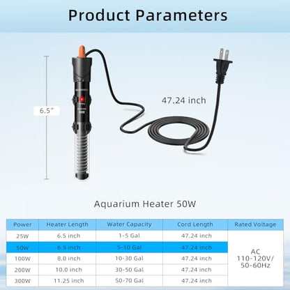 Aquarium Heater 25W/50W/100W/200W/300W, Adjustable Knob Fish Tank Heater with Digital Thermometer, Submersible Betta/Turtle Tank Heater for Freshwater and Saltwater Tanks - size: 50W for 5-10 gallon