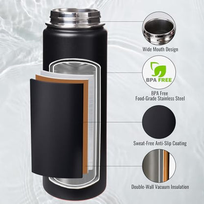 Fijinhom 24 oz Insulated Water Bottle with Handle, 304 Stainless Steel Water Bottles with 2 Lids, Double Wall Vacuum Sports Water Cup with Straw, BPA Free, Keep Cold and Hot, Black - color: 2 Lids - Black, size: 24 Ounces