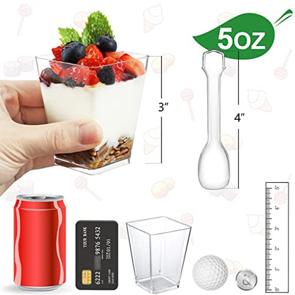 Eupako 125 Pack 5 OZ Plastic Mini Dessert Cups with Spoons - Clear Small Parfait Cups, Square Appetizer Cups for Fruit, Pudding, Mousse, Ice Cream, Party, Wedding, Valentine's Day - color: 125 Cups+125 Spoons