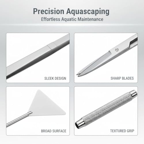 6 Pcs Stainless Steel Tools Kit, Silver Aquarium Plant Tools Set, Includes Algae Scraper, Tweezers 15 in / 38 Cm, Scissors 11.8 in / 30 Cm, Sand Spatula 12.6 in / 32 Cm, with Acrylic Holder