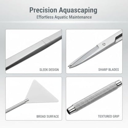 Aquascaping Tools Kit, 6 Pcs Stainless Steel Aquarium Plant Tools Set with Silver Acrylic Holder, 15 in Tweezers, 11.8 in Scissors, Algae Scraper, 12.6 in Sand Spatula
