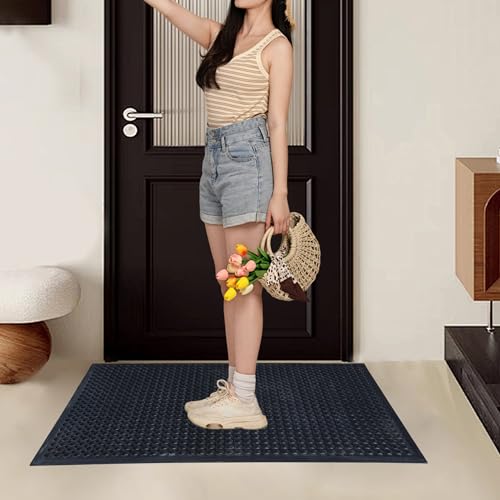 2 Pack Rubber Floor Mat, 36"x60" Anti-Fatigue Door Mat w/Holes for Restaurant, Kitchen, Bar, Indoor/Outdoor, Black