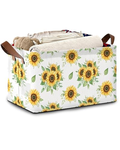 Sunflower Storage Basket with Handles,Leaf Collapsible Rectangle Organizer Bin for Room Decoration Books Box Baskets 17x11.5x10Inch - color: Sunflower Leaf