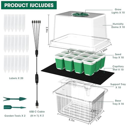 Self Watering Seed Starter Tray with Grow Light, 10-Pack 120-Cell Reusable Seed Starter Kit with Soft Silicone, Plant Germination Trays with Humidity Dome for Seeding Planting Growing