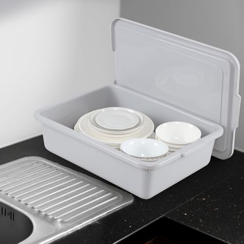 13 Liter Plastic Bus Tubs with Lids, Commercial Tote Box Set of 3, Grey