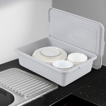 13 Liter Plastic Bus Tubs with Lids, Commercial Tote Box Set of 3, Grey