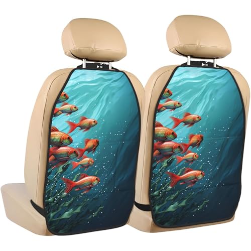 Fish Aquarium Car Kick Mats Backseat Organizer, 2 Pack Backseat Protector for Car, Heavy Duty Waterproof Seat Back Cover with 3 Mesh Pockets, Auto Seat Accecories for Pets Kids